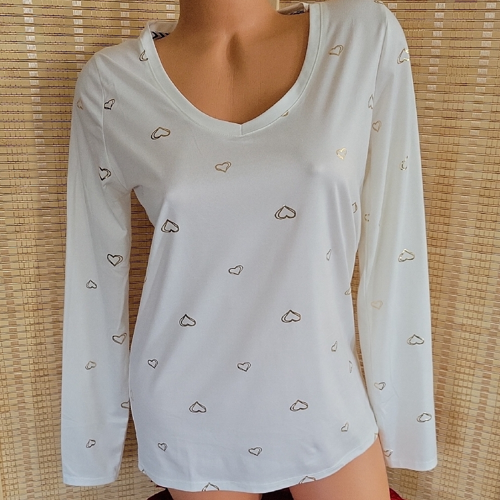 Poof New York White Heart Print Long Sleeve Top